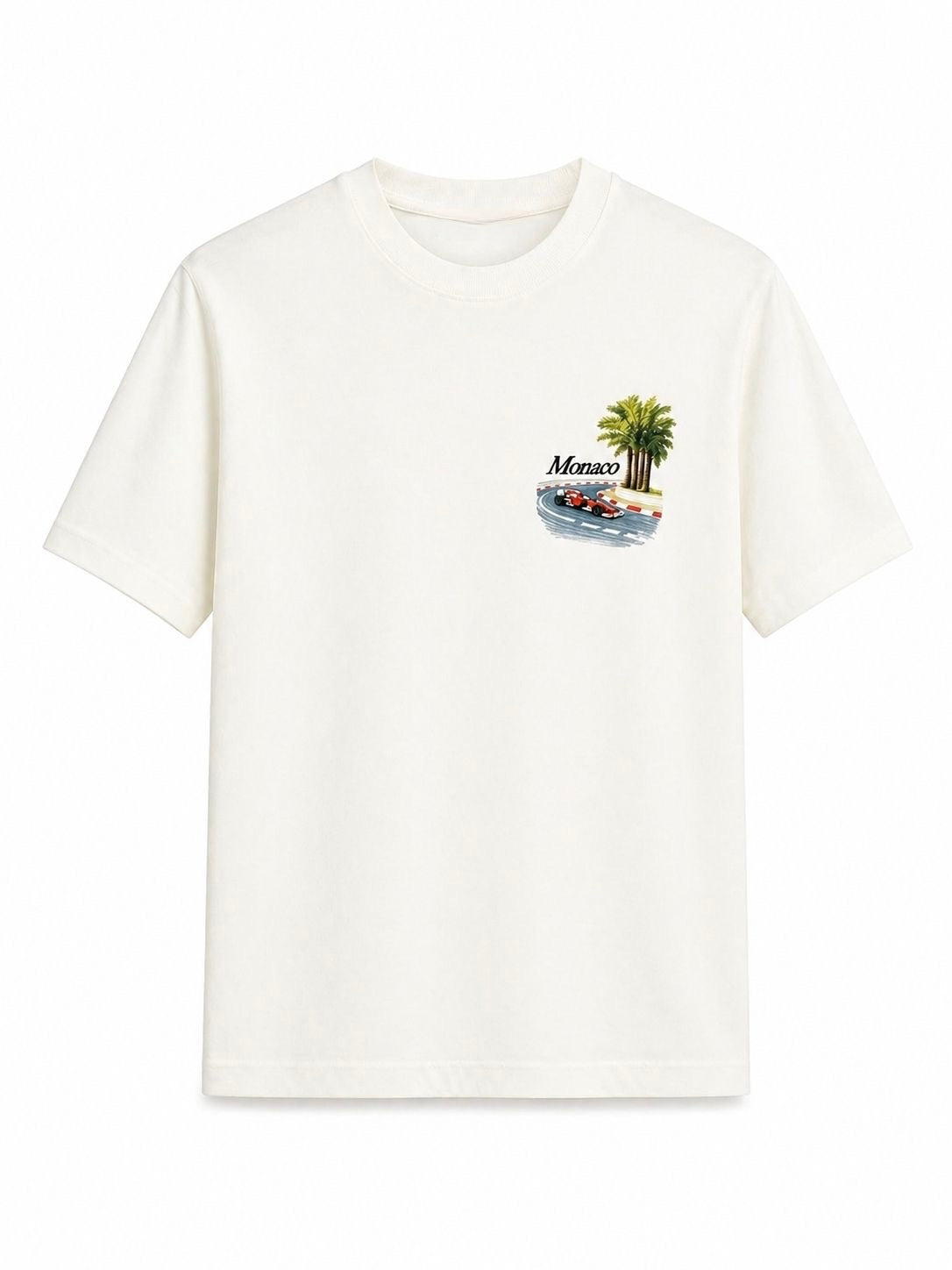 T-shirt blanc NO LIMIT Monaco, fabriqué en coton, affichant un design simple et élégant, porté sur un mannequin.