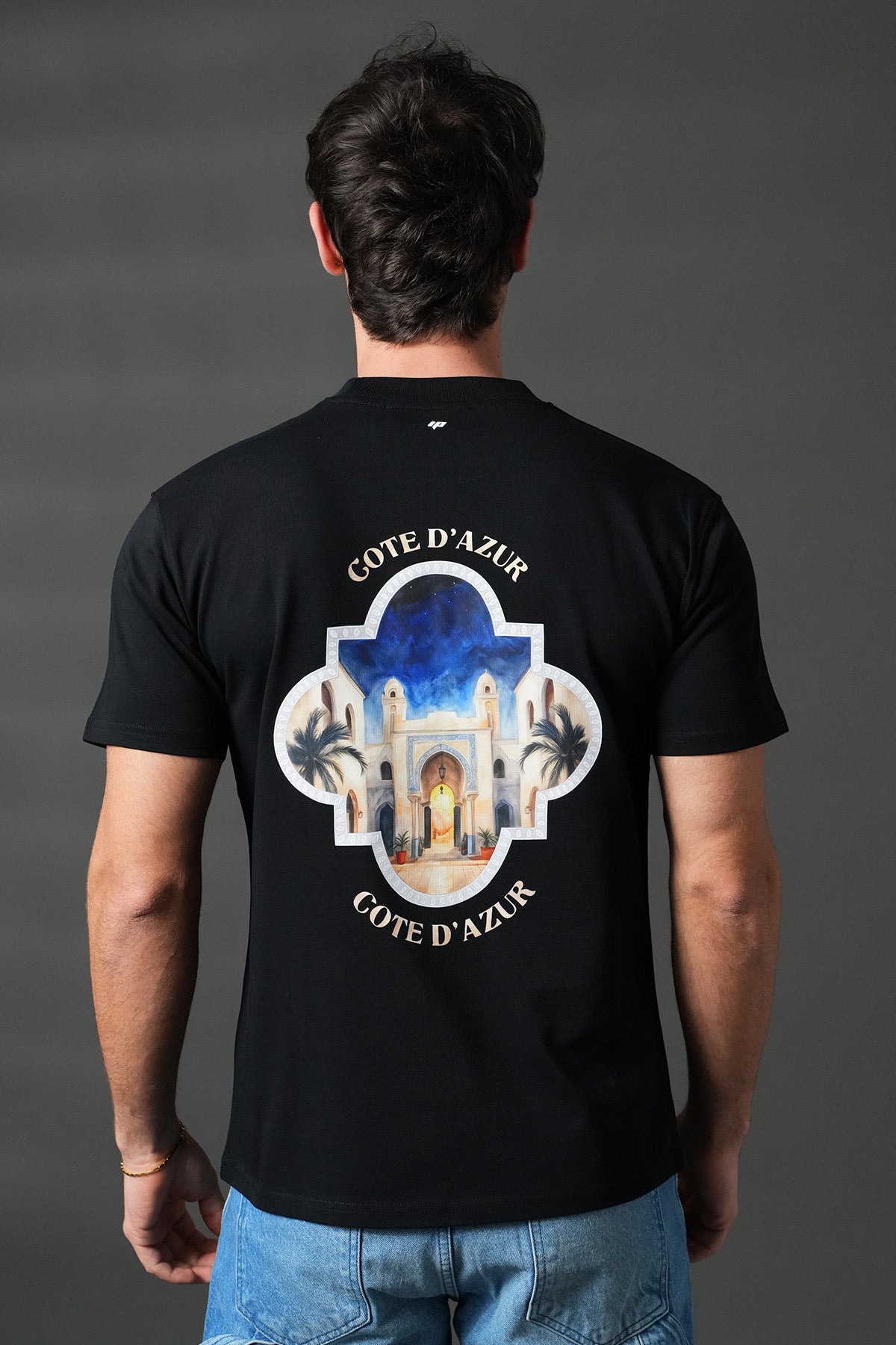 T-shirt noir NO LIMIT avec motif Côte d'Azur, coton confortable, aperçu du design sur fond blanc.
