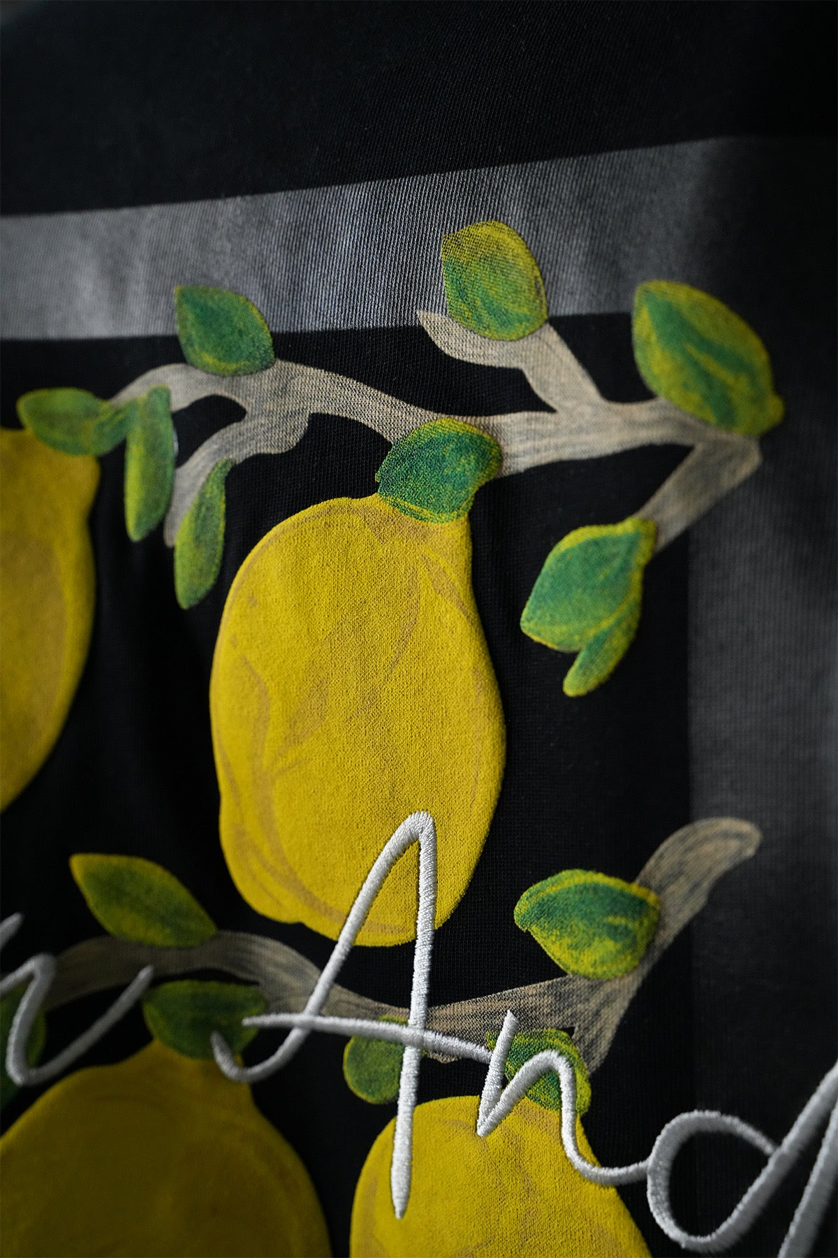 T-shirt noir avec motif citron de la marque NO LIMIT, tissu en coton, vue de face sur fond blanc.