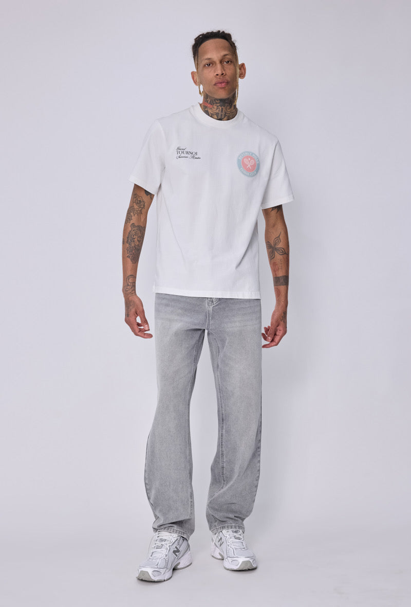 T-shirt blanc NO LIMIT Beverly Hills avec logo imprimé, manches courtes et coupe classique, porté dans une image.