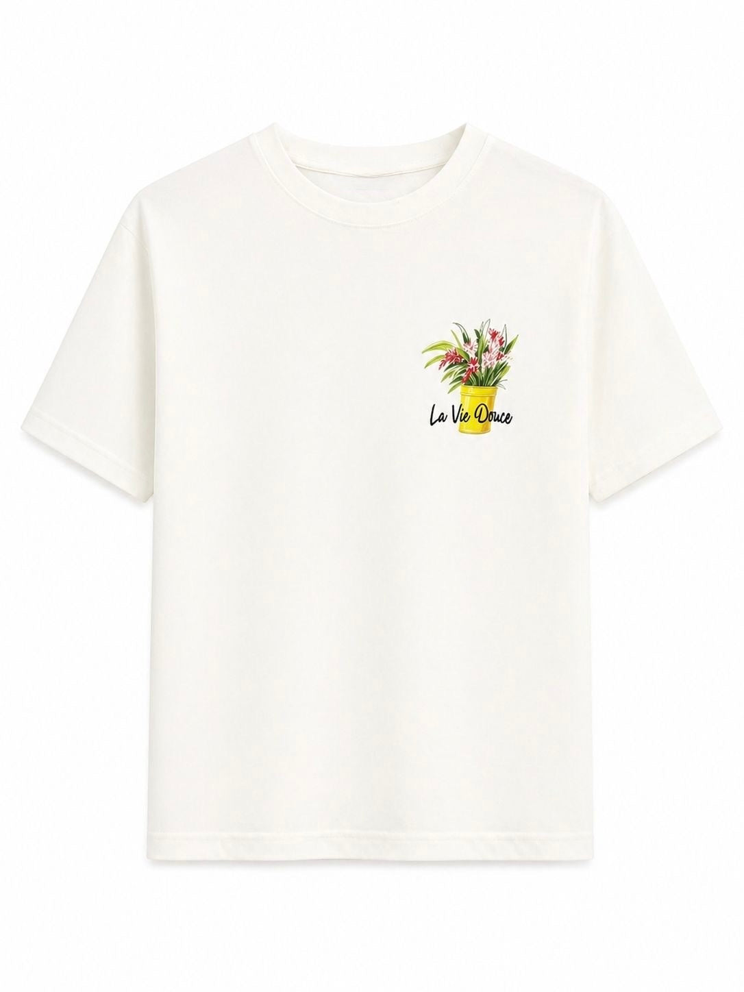 T-shirt blanc NO LIMIT avec texte "vie douce" en coton, vue de face, détail du design sur le devant.