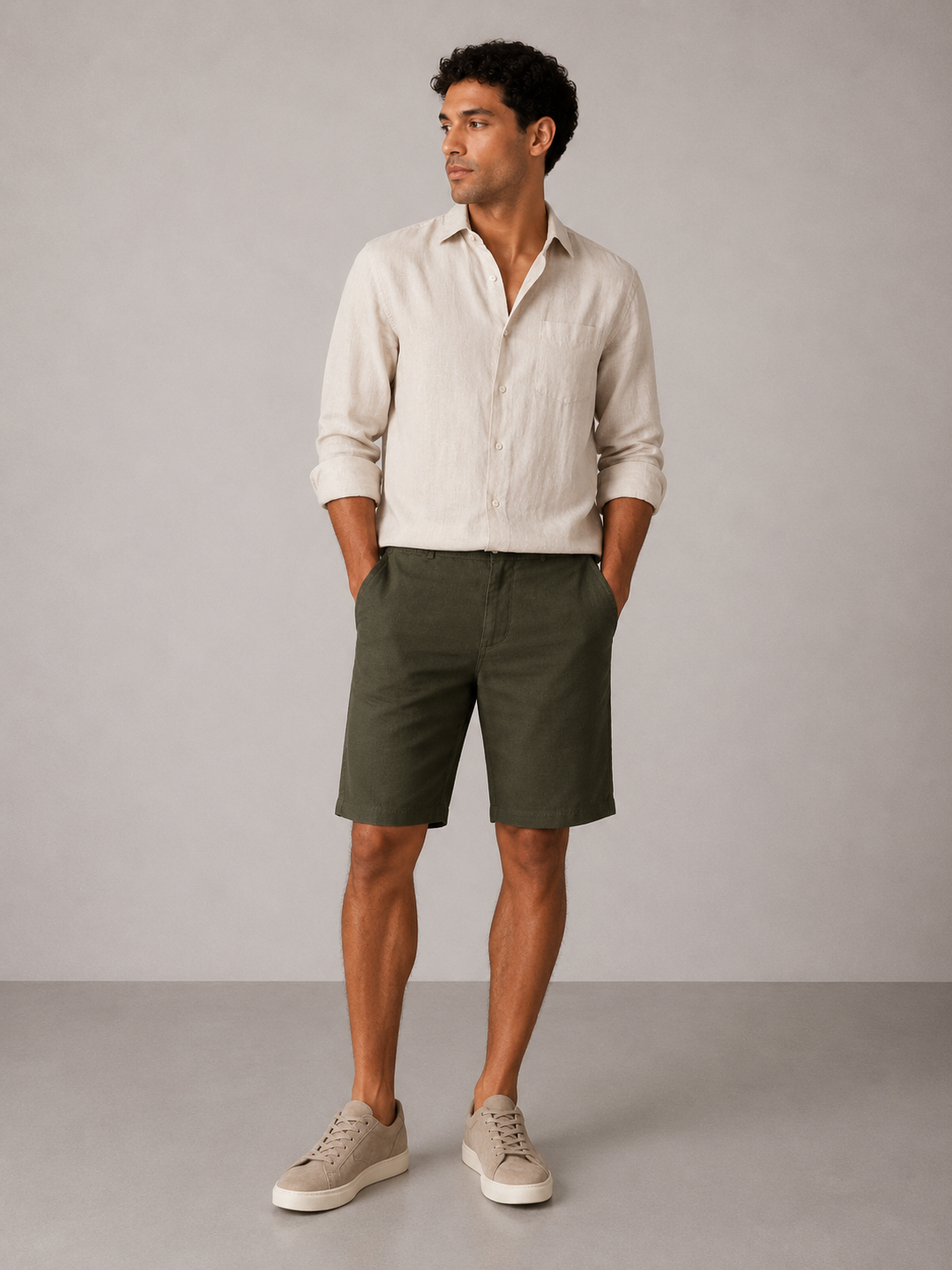 Short en lin kaki de la marque NO LIMIT, vue de face, montrant le tissu léger et la coupe décontractée.