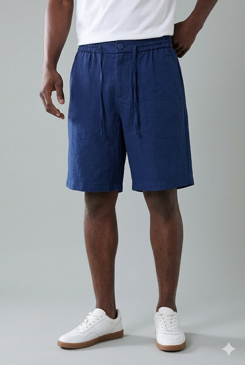 Short en lin bleu marine de la marque NO LIMIT, vue de face, avec détails de la texture en lin et coupe décontractée.