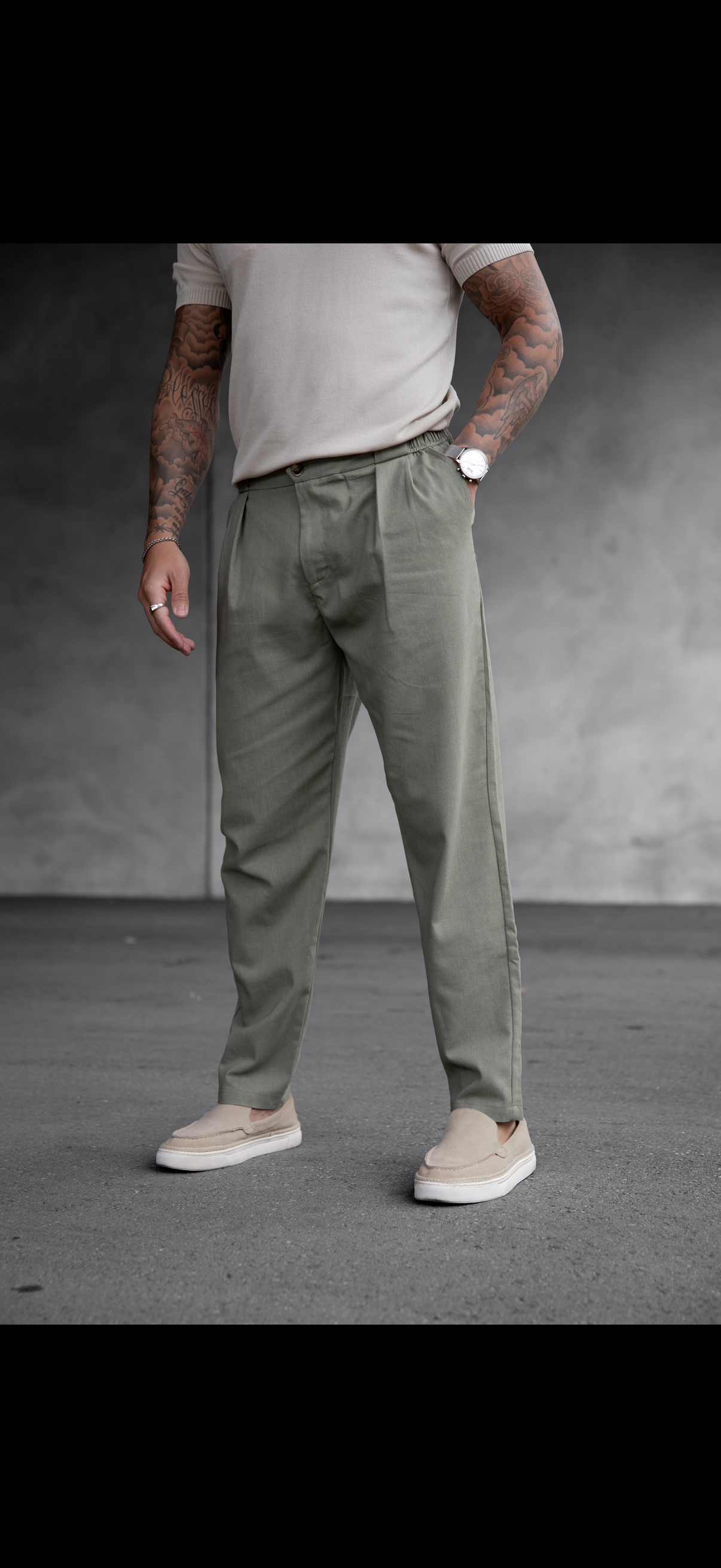 Pantalon effet lin - kaki