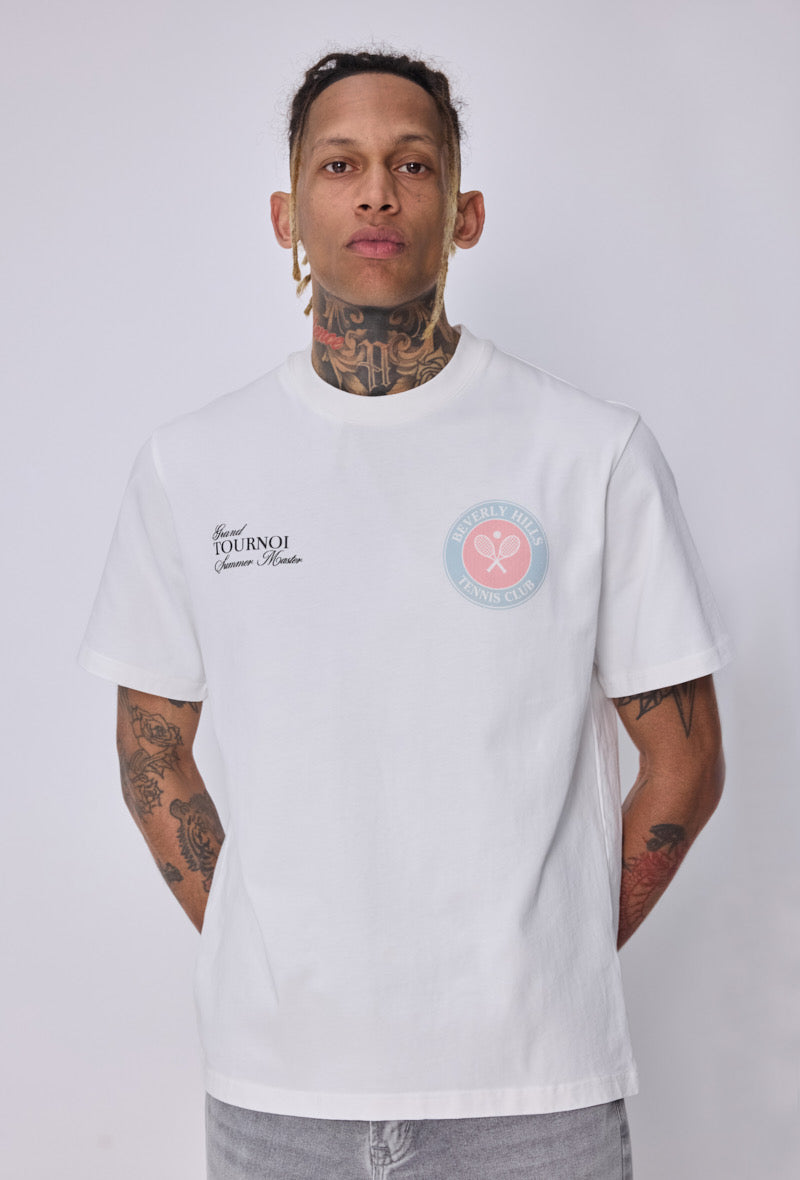 T-shirt blanc NO LIMIT Beverly Hills avec logo imprimé, vue de face, mode décontractée et style urbain.