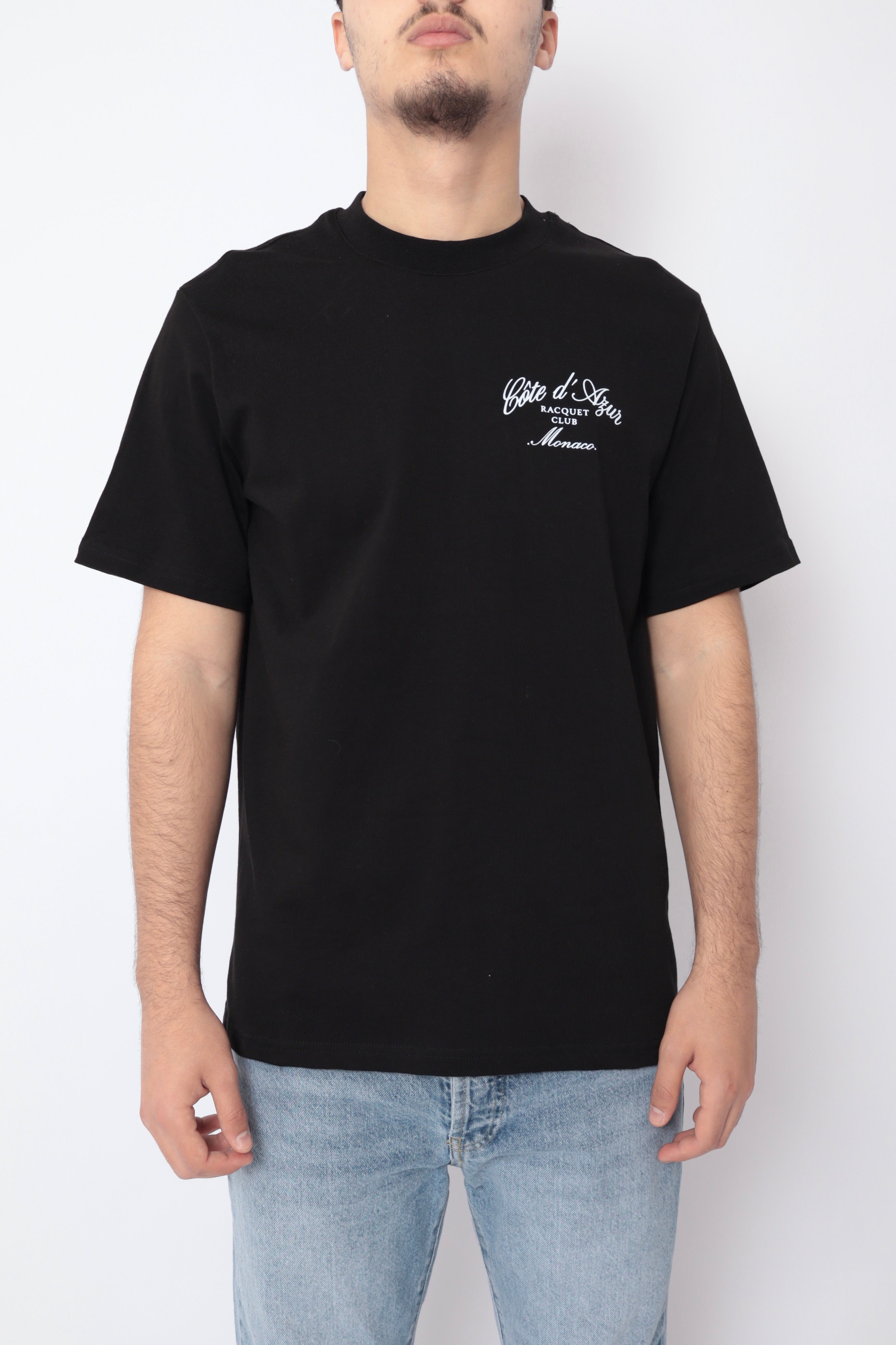 T-shirt noir NO LIMIT French Riviera avec logo imprimé, en coton, porté sur mannequin, vue de face.