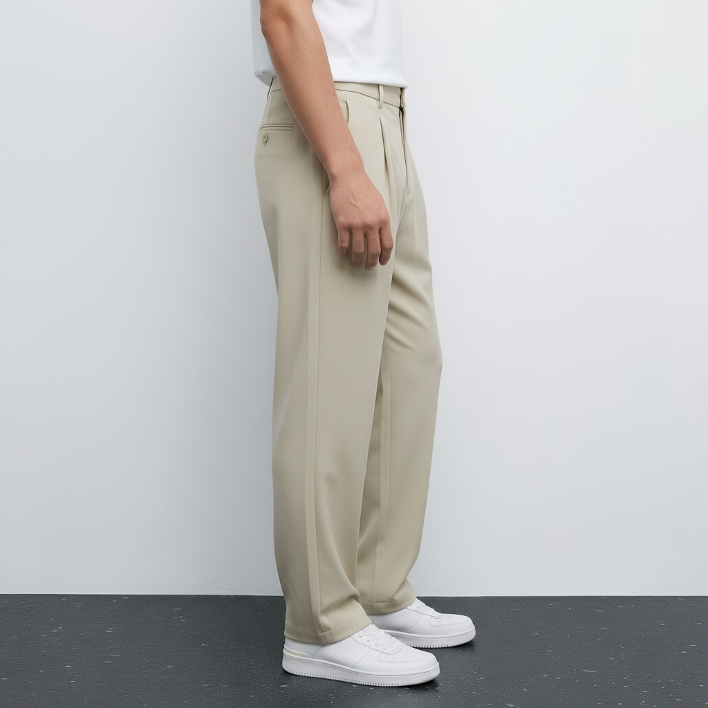 Pantalon beige NO LIMIT, style décontracté, tissu léger, vue en gros plan sur la texture et la coupe.