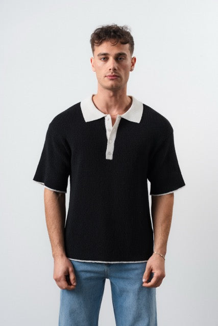 Polo en maille noir pour homme à manches courtes de la marque NO LIMIT, vue en gros plan sur le tissu et le col.